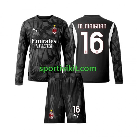 Completo da calcio Bambini AC Milan Portiere Mike Maignan 16 Nero Maglia Prima 2024-2025 Manica Lunga