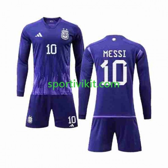 Completo da calcio Bambini Argentina 3 Stars Lionel Messi 10 Maglia Seconda Coppa del Mondo 2022 Manica Lunga
