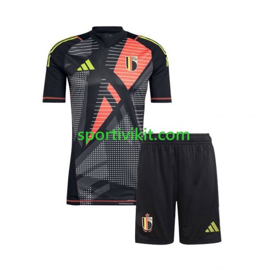 Completo da calcio Bambini Belgio Portiere Nero Maglia Prima Euro 2024 Manica Corta Completo da calcio Bambini Belgio Portiere Nero Maglia Prima Euro 2024 Manica Corta