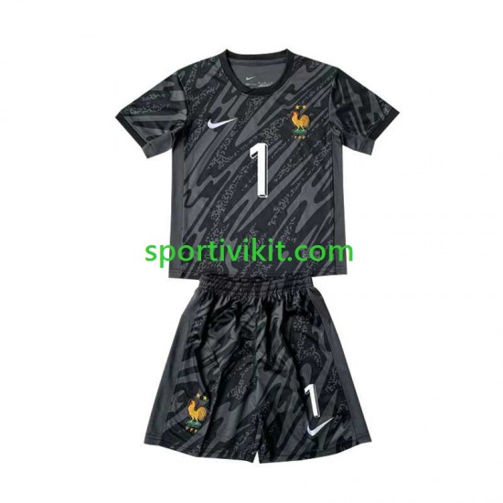 Completo da calcio Bambini Francia Portiere Hugo Lloris 1 Nero Maglia Seconda Euro 2024 Manica Corta