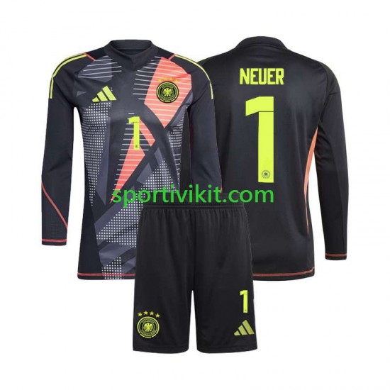 Completo da calcio Bambini Germania Portiere Manuel Neuer 1 Nero Maglia Prima Euro 2024 Manica Lunga