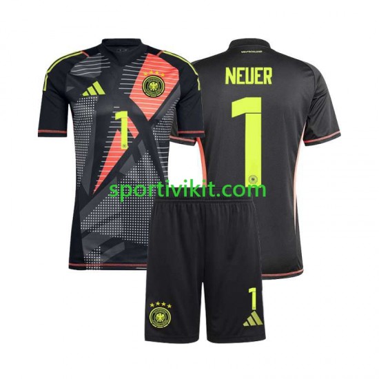 Completo da calcio Bambini Germania Portiere Manuel Neuer 1 Nero Maglia Prima Euro 2024 Manica Corta Completo da calcio Bambini Germania Portiere Manuel Neuer 1 Nero Maglia Prima Euro 2024 Manica Corta