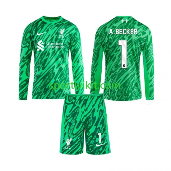 Completo da calcio Bambini Liverpool Portiere Alisson Becker 1 Maglia Seconda 2024-2025 Manica Lunga