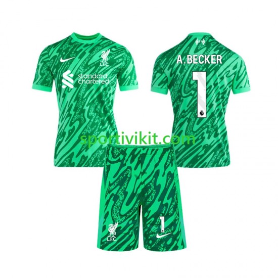 Completo da calcio Bambini Liverpool Portiere Alisson Becker 1 Maglia Seconda 2024-2025 Manica Corta