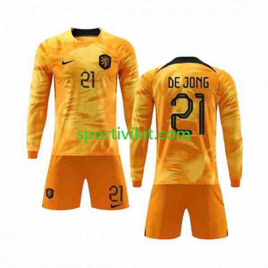 Completo da calcio Bambini Paesi Bassi De Jong 21 Maglia Prima Coppa del Mondo 2022 Manica Lunga