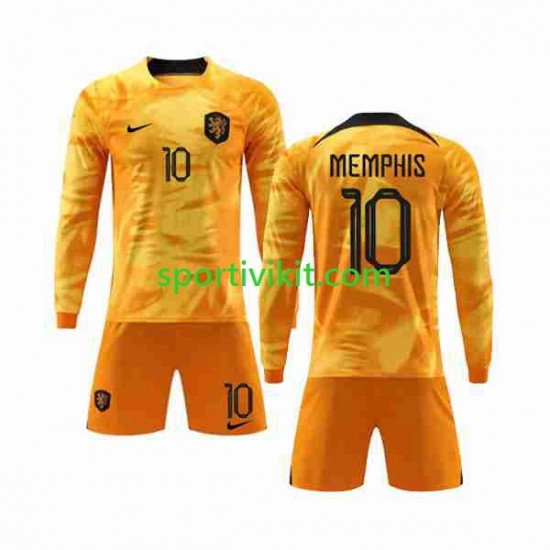 Completo da calcio Bambini Paesi Bassi Memphis 10 Maglia Prima Coppa del Mondo 2022 Manica Lunga