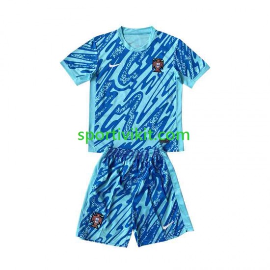 Completo da calcio Bambini Portogallo Portiere Blu Maglia Terza Euro 2024 Manica Corta Completo da calcio Bambini Portogallo Portiere Blu Maglia Terza Euro 2024 Manica Corta