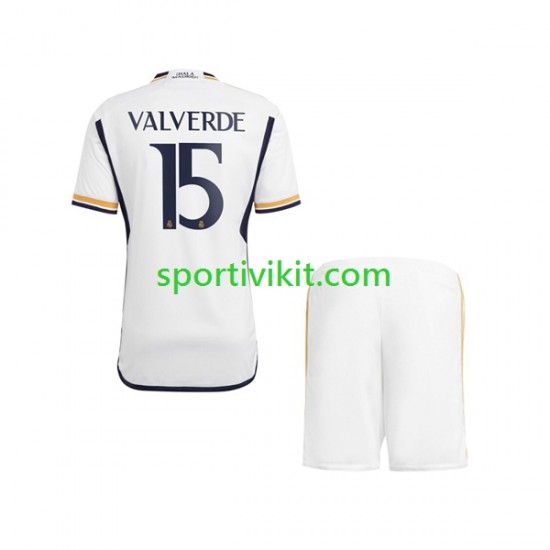 Completo da calcio Bambini Real Madrid Federico Valverde 15 Maglia Prima 2023-2024 Manica Corta Completo da calcio Bambini Real Madrid Federico Valverde 15 Maglia Prima 2023-2024 Manica Corta