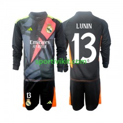 Completo da calcio Bambini Real Madrid Portiere Andriy Lunin 13 Nero Maglia Seconda 2024-2025 Manica Lunga