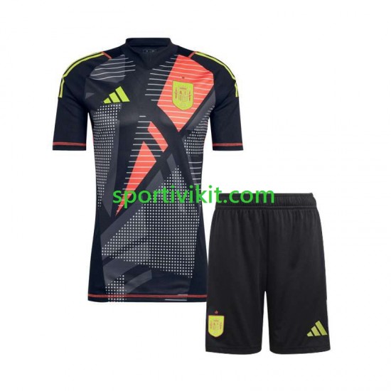 Completo da calcio Bambini Spagna Portiere Nero Maglia Seconda Euro 2024 Manica Corta Completo da calcio Bambini Spagna Portiere Nero Maglia Seconda Euro 2024 Manica Corta