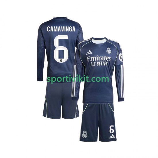 Completo da calcio Bambini Real Madrid Camavinga 6 Maglia Seconda 2025-2026 Manica Lunga
